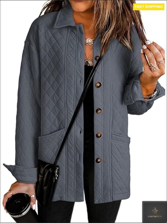 Jackets & Blazers - Women's Quilted Button Down Jacket Long Sleeve Casual Lightweight Coat with